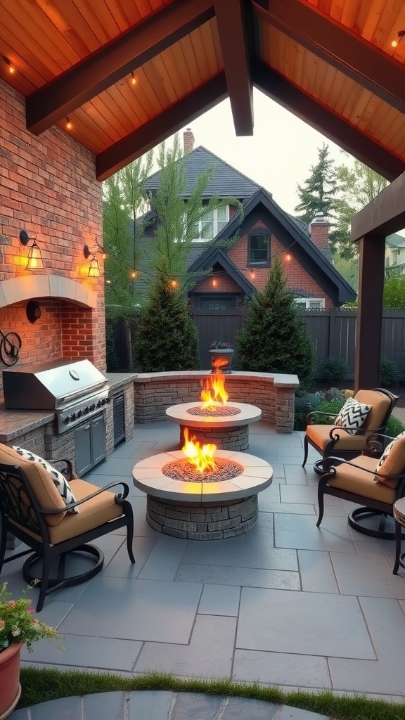 An inviting outdoor barbecue area with a built-in grill, patio dining set, and fire pit illuminated by warm lighting.